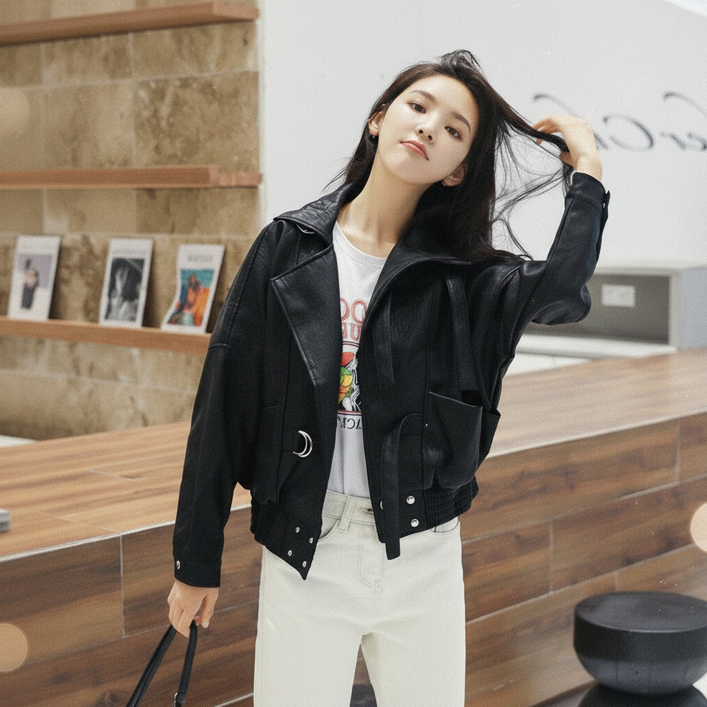 Leather Clothing All-match Beige Loose Motorcycle Jacket