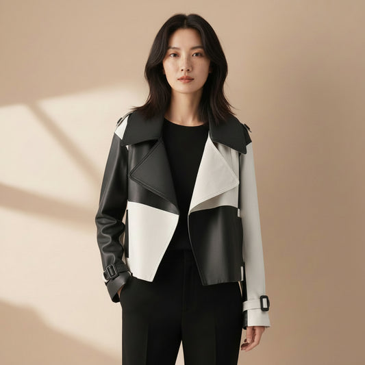 Soft PU Leather Jacket Splicing Coat Loose Western Style Jacket