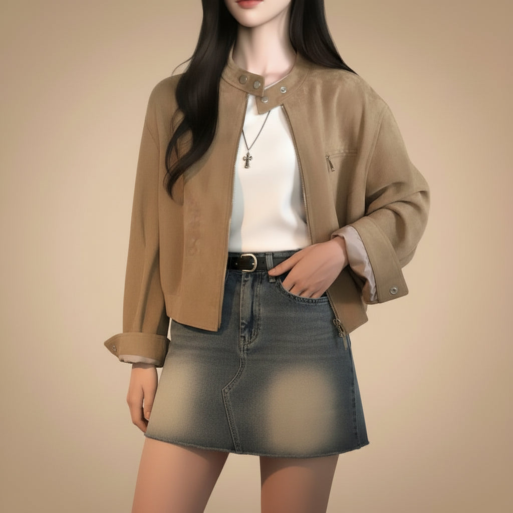 Retro Graceful Stand Collar Zipper Pocket Loose Versatile Short Jacket