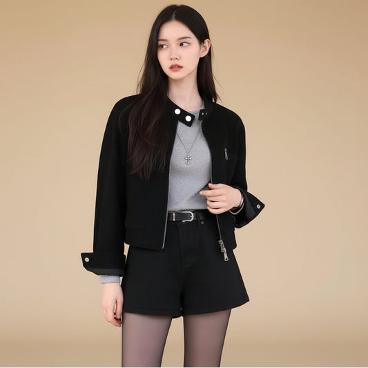 Retro Graceful Stand Collar Zipper Pocket Loose Versatile Short Jacket