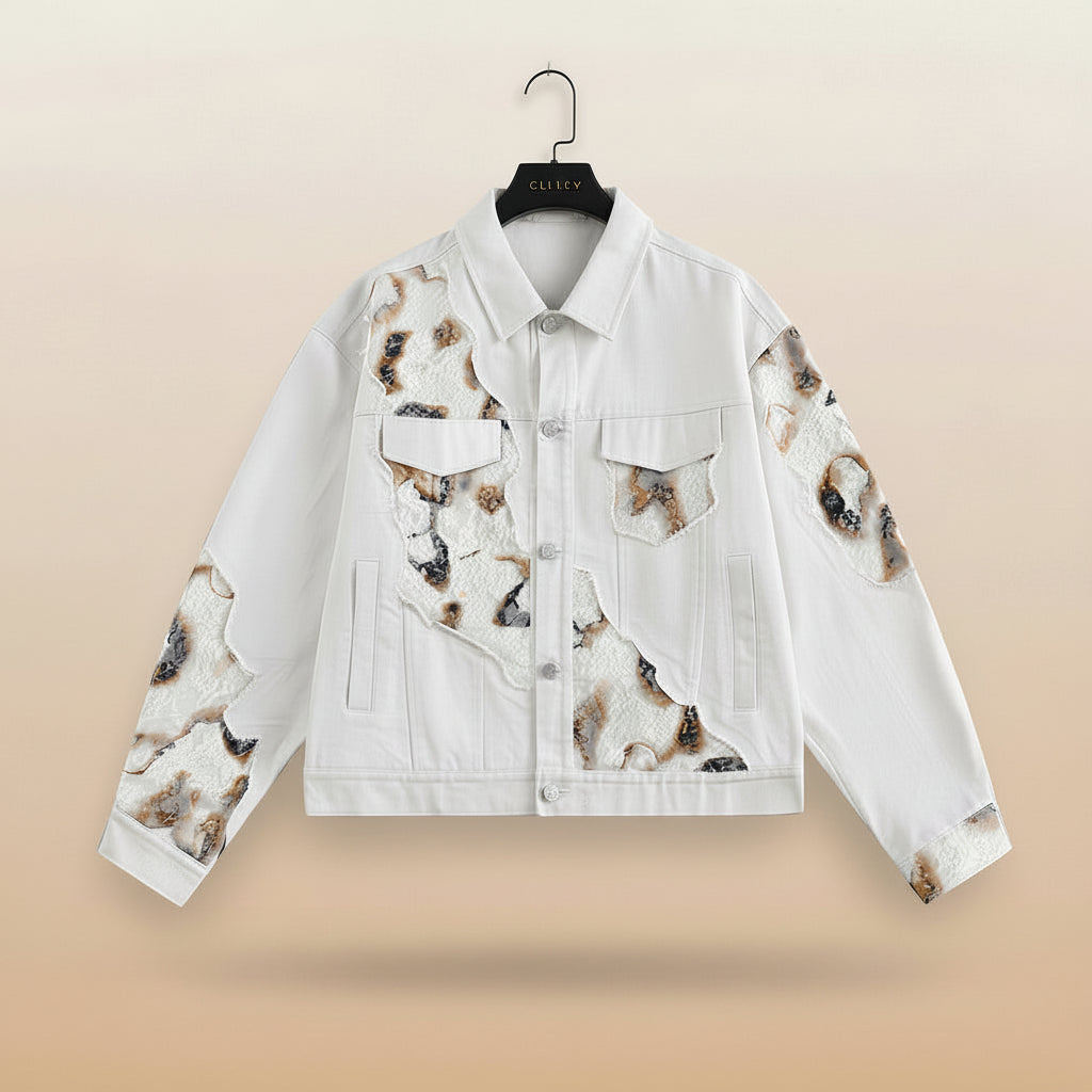 Embroidered Lace Patchwork Denim Jacket Men