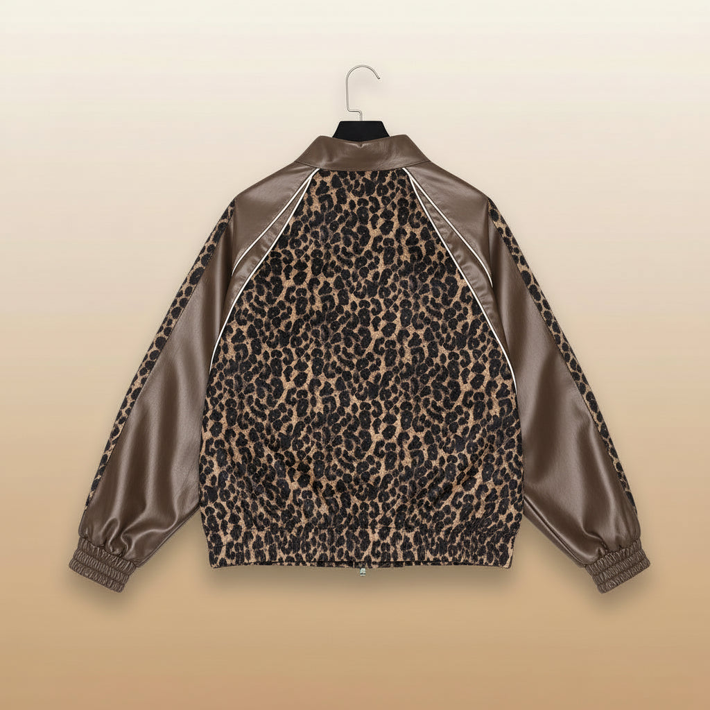 Leopard Splicing PU Leather Jacket Coat