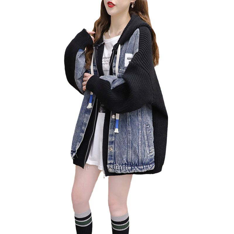 Loose False Two-Piece Design Zipper Casual Knit Cardigan for Women, Autumn/Winter Stitched Knit Outerwear