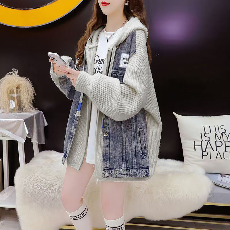 Loose False Two-Piece Design Zipper Casual Knit Cardigan for Women, Autumn/Winter Stitched Knit Outerwear