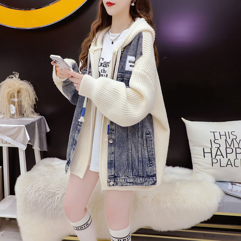 Loose False Two-Piece Design Zipper Casual Knit Cardigan for Women, Autumn/Winter Stitched Knit Outerwear