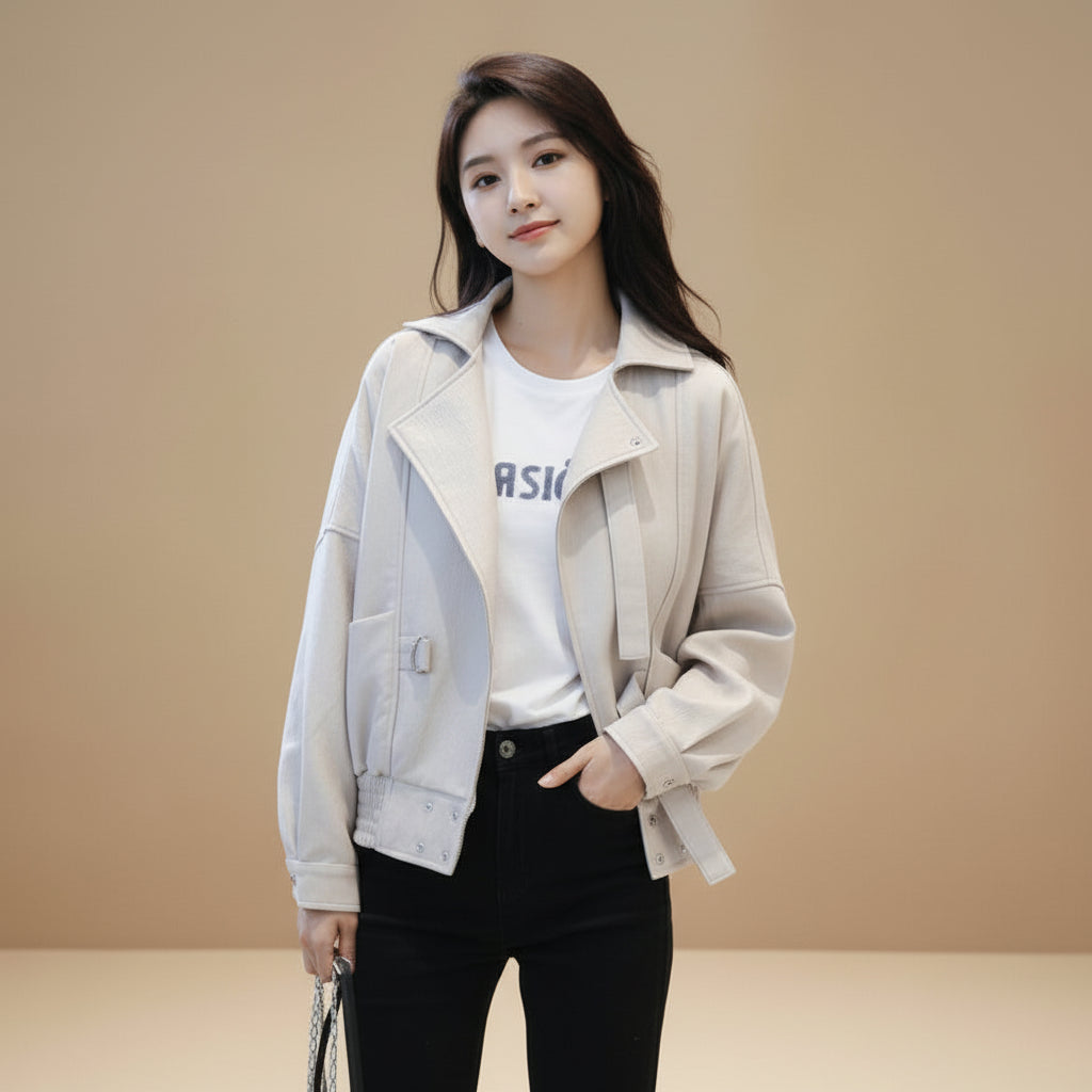 Leather Clothing All-match Beige Loose Motorcycle Jacket