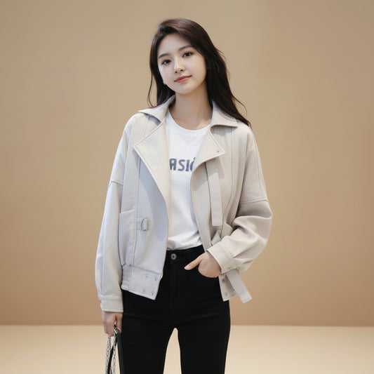 Leather Clothing All-match Beige Loose Motorcycle Jacket