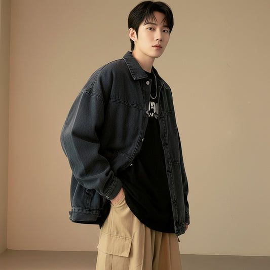 Mens Korean-style Trendy American Workwear Vintage Denim Jacket
