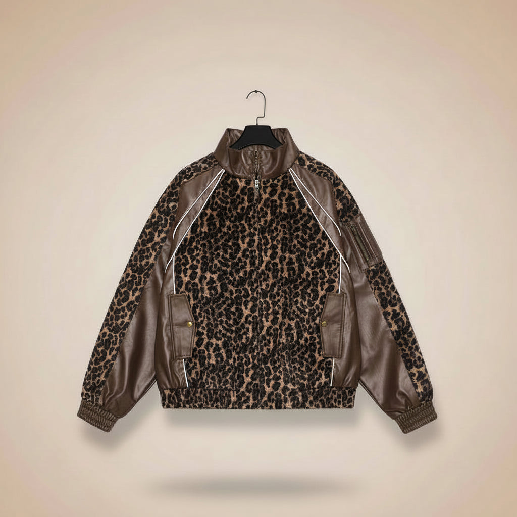 Leopard Splicing PU Leather Jacket Coat